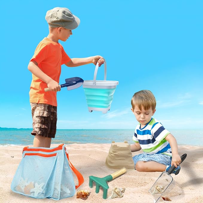 5 Pcs Sand Toys Beach Set Include 1 Metal Shovel,1 Metal Rake,1 Foldable Beach Bucket & 1 Sand Sifter with 1 Mesh Beach Bag for Shells Collecting