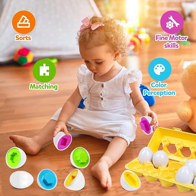 Montessori Geometric Eggs,12 pcs Set Color & Shape Egg Puzzle Toys Matching Eggs for Toddlers 1-3,Preschool Educational Sorting Game Fine Motor Toy Easter Gifts for Kids Boys Girls