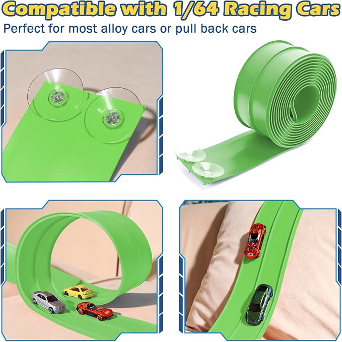 Upgrade Flexible Race Track Flex Tracks for Kids 3+, 15Ft Flexible Car Track Race Car Track Compatible with Diecast 1/64th Cars, Roll Up Race Ramp Toy with Strong Suction Cups