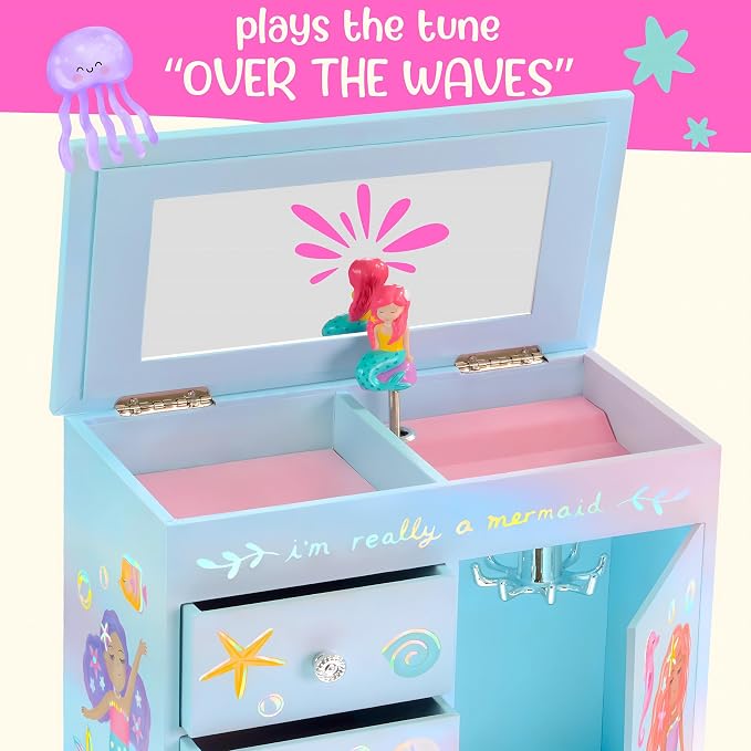 Giggle & Honey® Mermaid Musical Jewelry Box for Girls Kids Music Box with Drawers, Mermaid Mermaid Gifts for Girls, Mermaid Jewelry Boxes for Ages 3-10