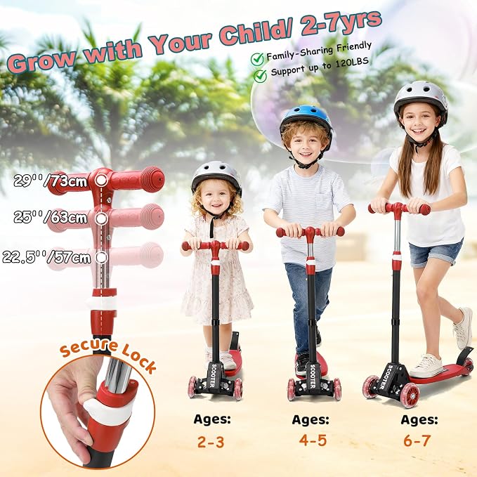 Kids Kick Scooter, Kick Scooter for Kids 2-7 Age, Light up 3 Wheels Kick Scooter, Heavy Duty Folding Lean-to-Steer Scooters with 3 Adjustable Handlebar for Boys Girls Blue