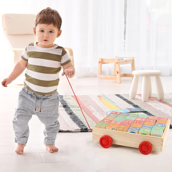Wooden Building Blocks for Toddlers, Large Wood Baby Stacking Blocks Set for Kids, 30 PCS Alphabet Blocks with Toy Wagon, Educational Wooden Toys for Boys Girls Gifts 1.65"