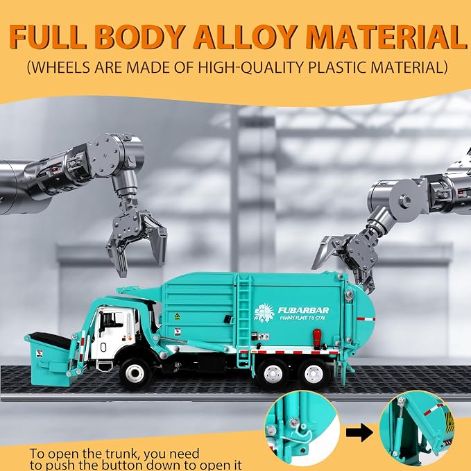 FUBARBAR Truck Toy Model – 1:43 Diecast Metal Garbage Recycling Waste Transport Truck with Trash Bin, Pull Back Model Car Toy for Kids 4-6 Age Boys Birthday Gift (Blue)