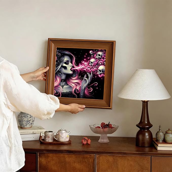 CHWGLFGG 5D Full Round Drill Diamond Painting Kit for Adults, Gothic Sugar Skull Woman Pink Smoke Skull Diamond Art Canvas, DIY Paint by Diamonds Dot Gem Craft 13.8x13.8 Inch for Home Wall Decor