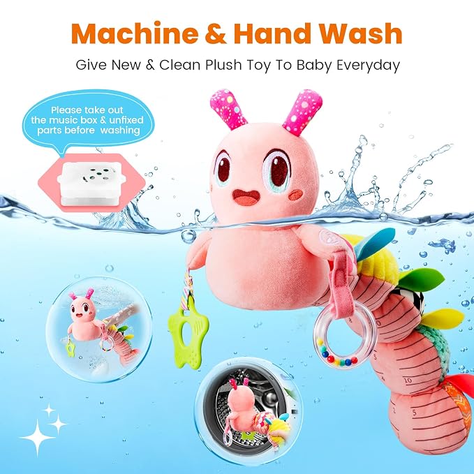 GoGonova Musical Caterpillar Baby Sensory Toy for Infant Development 0-12 Months – Tummy Time Crawler & Teether – Newborn Bath, Car Seat, Stroller & Bassinet Activity Toy & Gift(Pink)