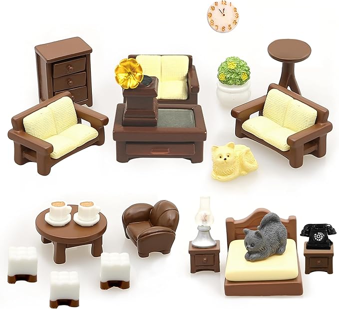 23pcs Brown Dollhouse Mini Furniture Kit Decoration DIY Accessories Including Dining Room Sitting Living Bedroom Set Toys for Baby Boys Children Girls Dollhouse Accessories