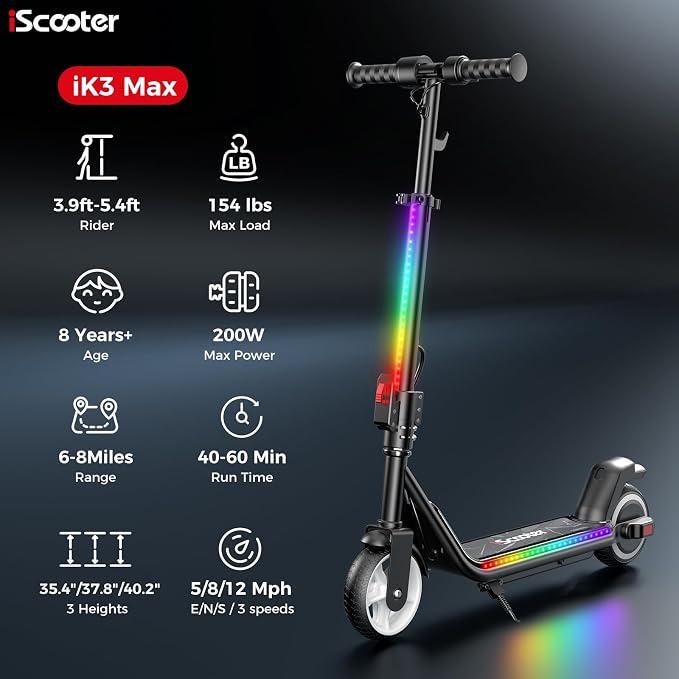 iScooter IK3 Serious Electric Scooter for Kids Aged 6-12, 3/6/10MPH Speed, Dual Brake System, 3 Heights (IK3Pro), Magnetic Charging, Colorful Lights, LED Display, 150W Motor Kids Scooter