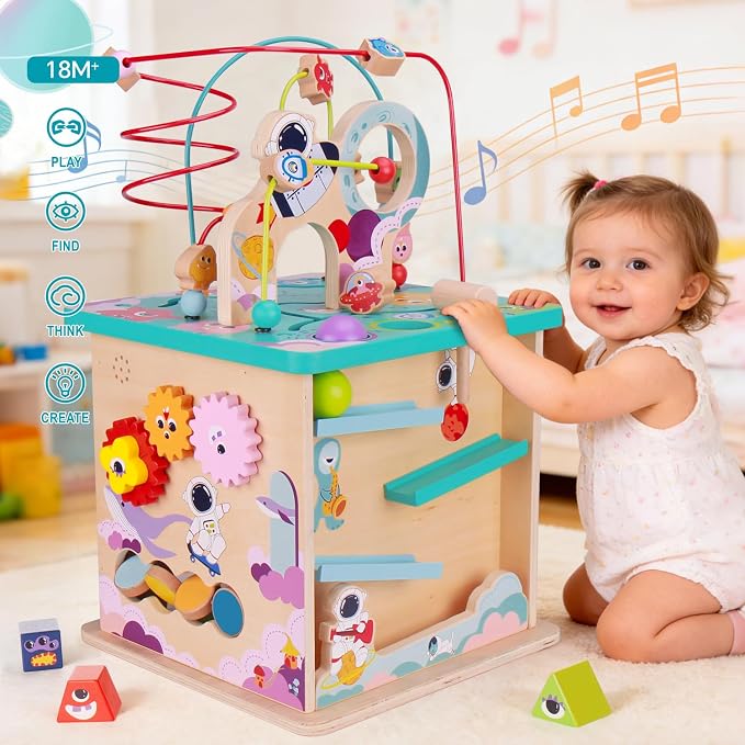 Pre-Assembled 9 in 1 Large Wooden Activity Cube. Educational Learning Toy for Kids with Bead Maze, Shape Sorter and Music Gears and More. for Toddlers 18 M+. Birthday Gifts for Boys and Girls