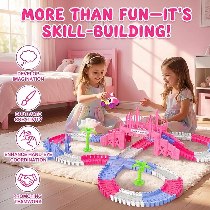 Race Car Tracks Toy Set for Girls Age 3-8, 214PCS Pink Princess Cars Toys | with Monster Truck & Magic Bendable Train Tracks, Flexible DIY Raceway Set for Toddler Girls Christmas Birthday Gifts