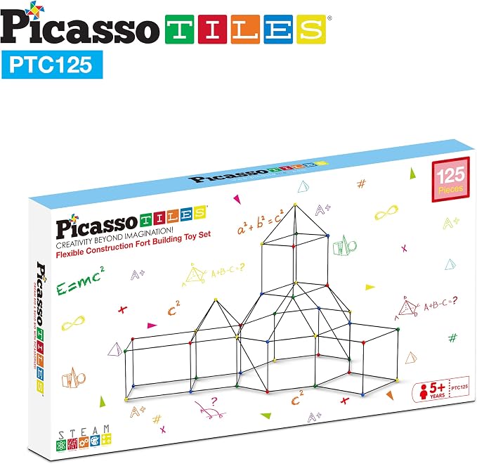 PicassoTiles Kids Fort Building Kit Playset 125 Piece Indoor and Outdoor Toy Set Fort Construction Builders Blocks Toys for Kids Boys Girls STEM Learning Castle System Tunnel Tent Rocket Pretend Play