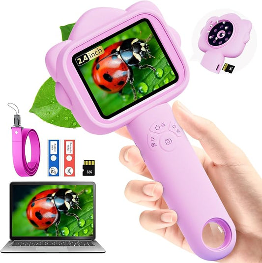 Microscope for Kids, Kids Microscope with Sample Slide, Educational Science Kit, Macro Fixed Focus Kid Mini Microscopes 500x Magnification, 32GB SD Card Include(Purple)
