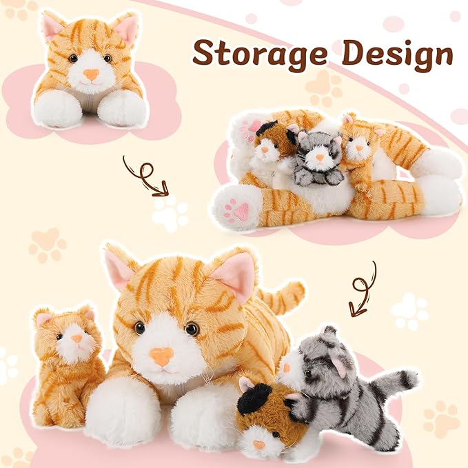 Muiteiur 4 Piece Cat Stuffed Animals, 15.7 inch Mom Plush Cat with 3 Kittens Stuffed in Zipper Pouch, Cute Yellow Mom and Baby Stuffed Cats for Kids Girls Boys