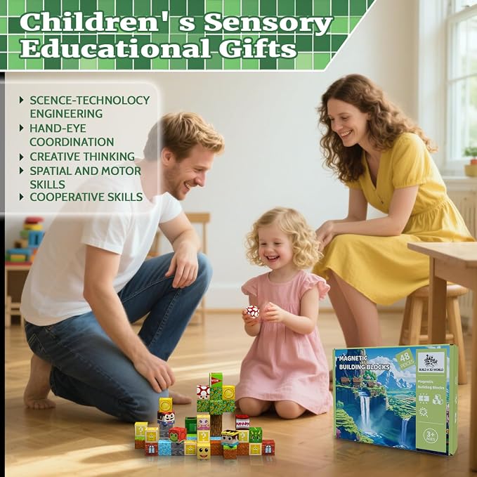 Magnetic Blocks, Magnetic Tiles Building Blocks, Magnet Cubes STEM Sensory Game Toys Christmas Birthday Gifts for Kids Boys Girls Age 3+ (Forest)