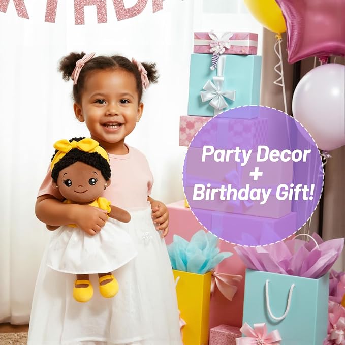 OUOZZZ 12.6" Soft Black Baby Doll - Toys for 1 Year Old Girl Gifts, African American Baby Dolls Birthday Gifts for 1 Year Old Girl Plush Toys Gift for Toddler Kids Yellow Bow-tie