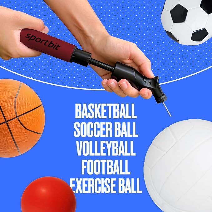 SPORTBIT Ball Pump for Sports Balls - Push & Pull Inflating System - Hand Pump for Exercise Balls - Volleyball Pump, Basketball Inflator, Ball Air Pump - Goes with 5 Needles Set