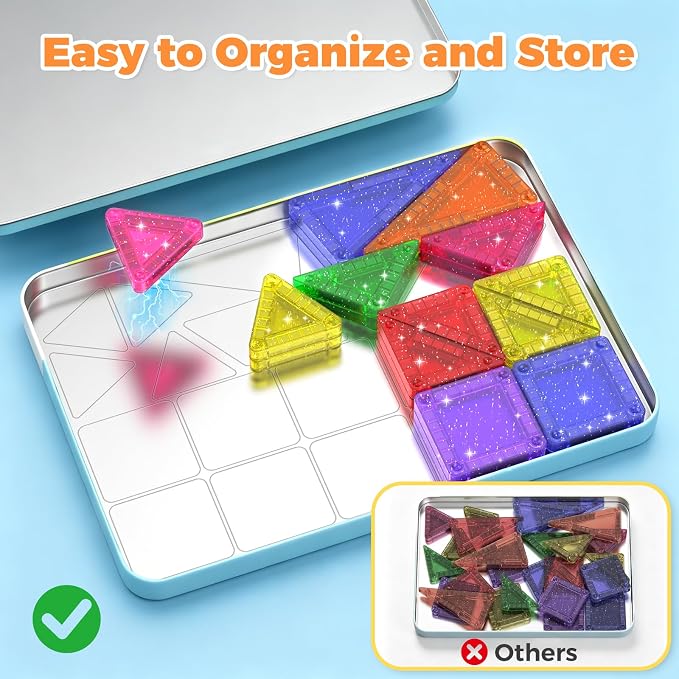 46PCS Glitter Magnetic Tiles, Mini Magnetic Tiles Travel Set with Storage Case, Portable Magnetic Blocks Building Toys for Toddlers Kids Ages 3+ Classroom Learning Toys for Boys Girls Birthday Gift
