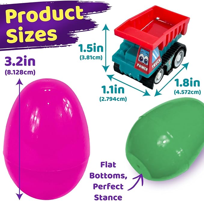 stargo 24 Pack Colorful Prefilled Easter Eggs bulk with toys - Mini Car set Construction Engineering Vehicles pull-back cars. Plastic Easter Eggs Filled, Basket Fillers, Party Favors, Boys Goodie Bags