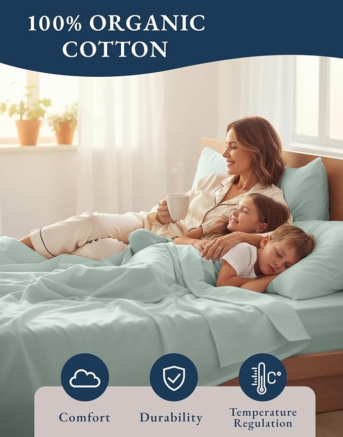 LANE LINEN King Sheet Set 100% Organic Cotton Cooling Soft 4pc - Cool Blue | Organic Cotton Percale King Sheet Set - Soft From The First Wash, Crisp Cool Percale Weave, Great For Gifting