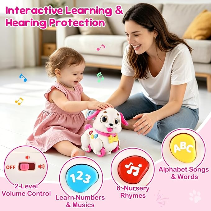 Yunaking Musical Puppy Toy for 1 Year Old Girl Gifts: Interactive Learning Baby Toy 6-12- 18 Months, Auto-Avoid Obstacle, Encourages Crawling & Walking, 1st Birthday Xmas Gift for 1 2 Year Old Girl