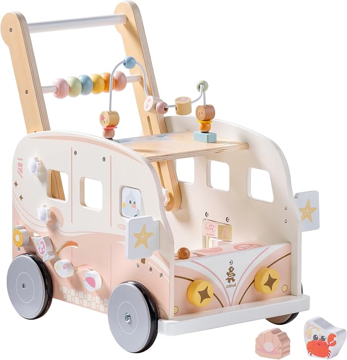 ROBUD Wooden Baby Walker, Height & Speed Adjustable Baby Push Walker with Anti-Slip Wheels, Developmental Activity Center with Ocean Vacation Theme, Wooden Walkers for Babies Learing to Walk，Pink
