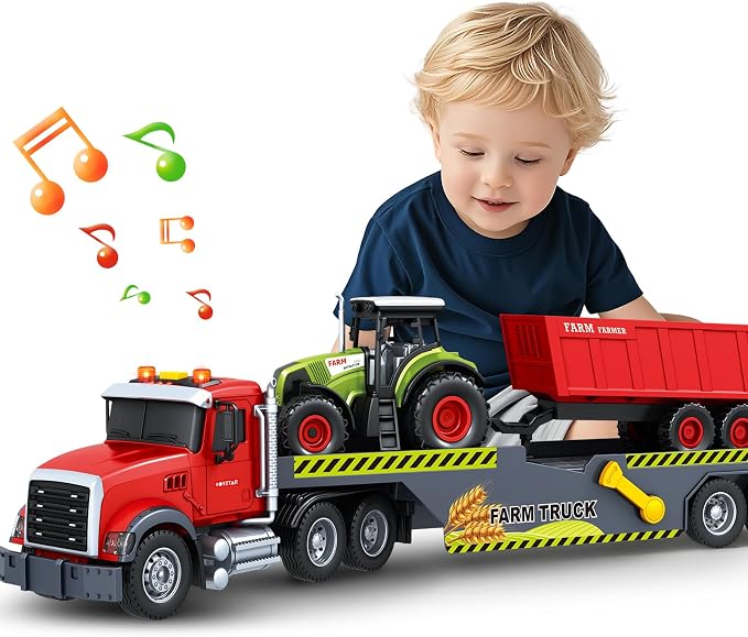 SpringFlower 21“ Extra Large Truck Toy, 3 4 5 6 Boys Toys with Tractors and Dump Truck, 3 in 1 Vehicle Toy with Sounds & Lights, Christmas Birthday Gift Kids Boy Toddlers Age 3 4 5 6 7