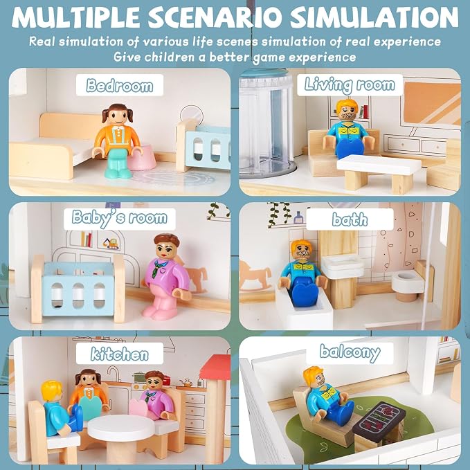 Wooden Dollhouse for Kids, 3-Story Wood Doll House Playset with Furniture, Accessories & 3 Toy Figures, DIY Pretend Play House for Toddlers, Girls & Boys, Miniature Dollhouse with Balcony Gift