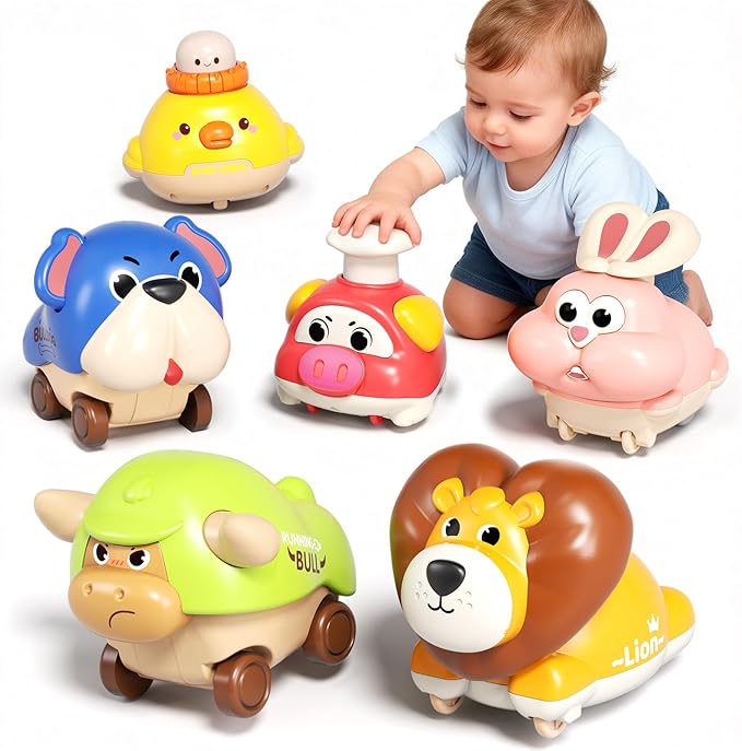 STACTCUTE 6pcs Press and Go Animal Toy Cars for Toddlers 1-3, Baby Push Go Battery-Free Long-Distance Friction Powered Vehicles for 6-12-18 Months, 1st Birthday Gifts for Boys & Girls