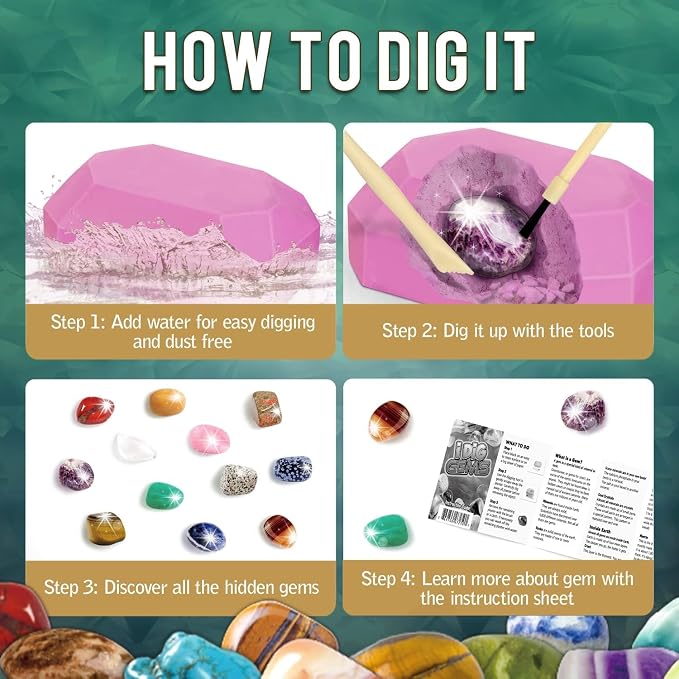 Gem Dig Kit for Kids, Dig It Up Mystery Gems with Gemstone Dig Kit, Complete Gem Mining Rock Dig Kit, Fun Educational Excavation Toy for Ages 6-12