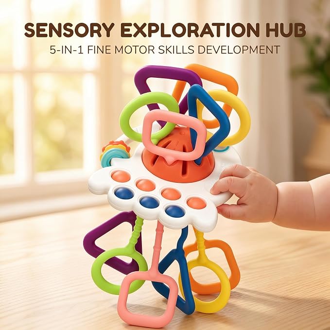 Baby Teething Toys 6-12 Months & Toddler Car Activities | Exceptional Silicone Pull String Sensory Toy, Montessori Toys for 1 Year Old Boy Girl Infant
