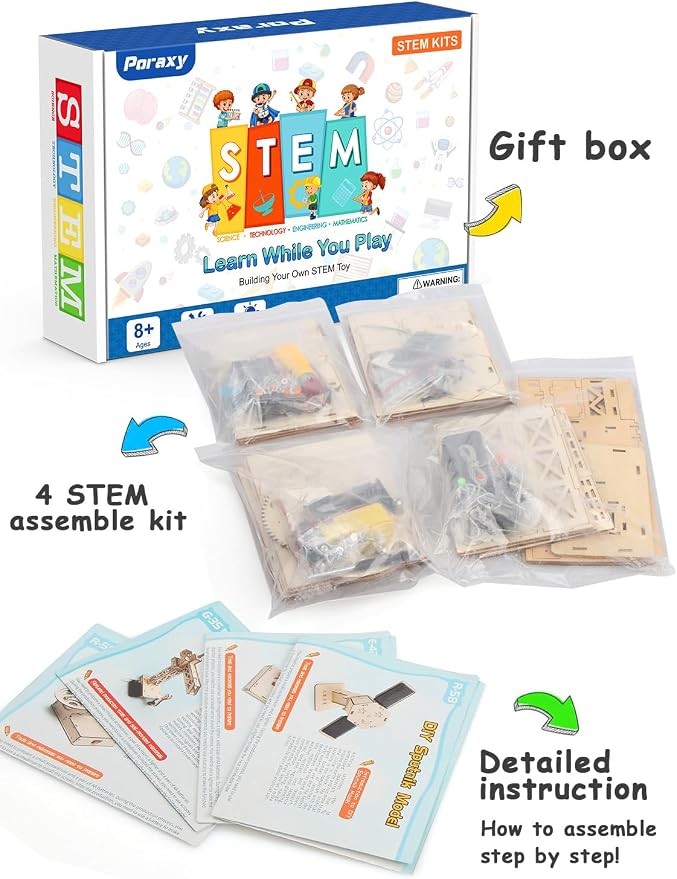 Poraxy 4 in 1 STEM Kits, STEM Projects for Kids Ages 8-12, Assembly 3D Wooden Puzzles, Building Toys, Educational Science Craft Model Kit, Gift for Boys and Girls 8 9 10 11 12 Years Old, Marble Run