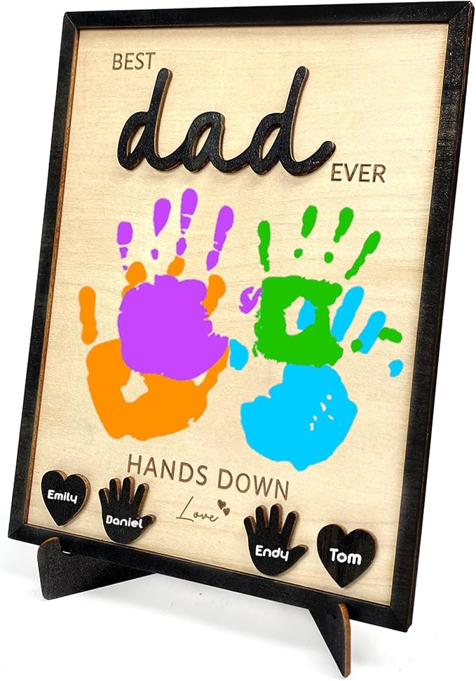 Best Dad Ever Hands Down Sign, Father's Day Wooden DIY Handprint Sign Gifts, Personalized Gift for Dad from Kids, Son, Daughter, Perfect Present for Papa, Daddy, Grandpa, Happy Birthday Gifts