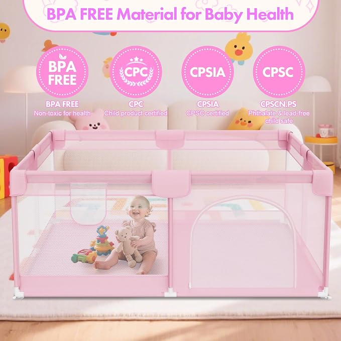 Pink Baby Playpen for Girls - 64"x64" Large Playard with Anti-Collision Soft Corners Sturdy Safety Play Yard for Babies and Toddlers Indoor Infant Activity Center with Non-Slip Suckers