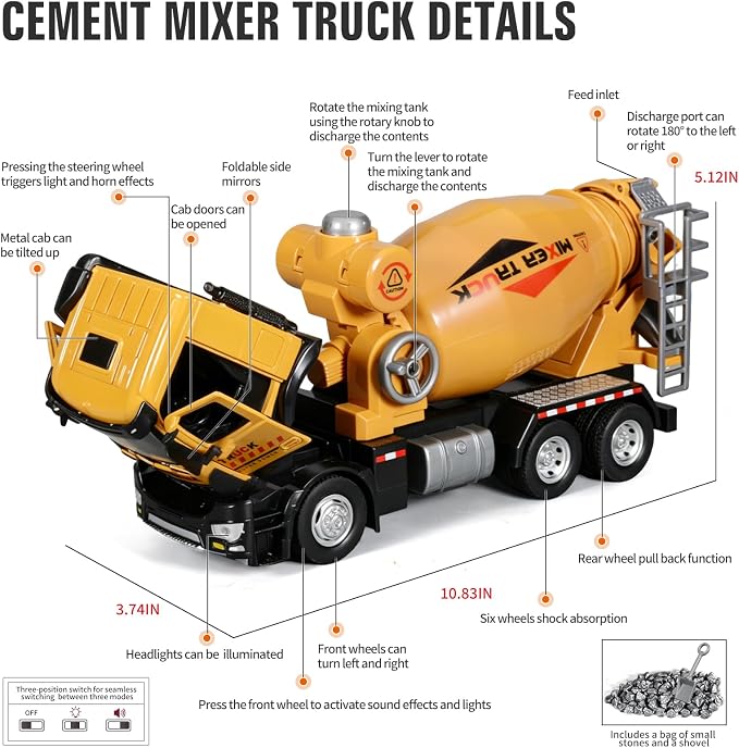 Cement Mixer Toy Truck Diecast Metal Cab Construction Truck Toys for Kids Boys and Girls Pull Back Cement Mixer with Lights and Sounds Construction Trucks for Toddlers 3-5