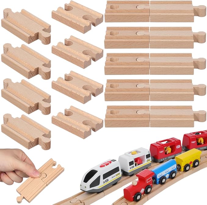 SEWACC 18Pcs Wooden Train Track Accessories Set Compatible with Major Toy Train Brands Includes Straight and Curved Tracks for Kids Ages 3 Enhances Creativity and Motor Skills