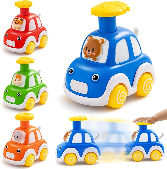 TooyBing Press and Go Car Toys for Toddlers 1-3, 4 Pack Animal Baby Car Toys for 1 2 Year Old Boy, Push Go Friction Vehicle Toys for Infants 12-18 Months, One First Birthday Gifts for Boys Girls