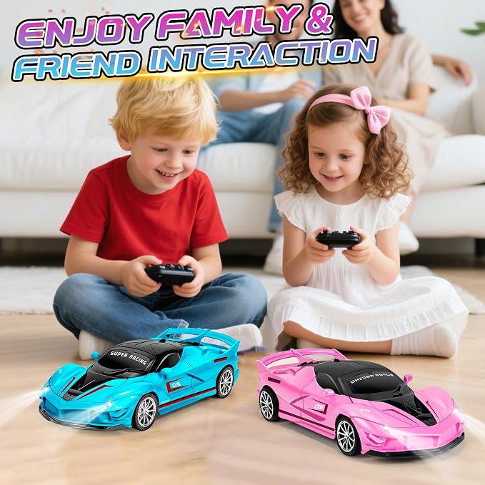 2 Pack Pink Blue Remote Control Car Toys for Kids Boys Girls, Rc Cars Toy Vehicle with Headlight & Controller, Rc Racing Car for Boys Girls Age 3 4 5 6 7 8 Birthday (Blue+Pink)