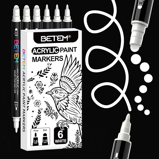 Betem 6 White Dual Tip Acrylic Paint Markers, Fabric Decorating Kits Premium Water-Based Acrylic Paint Pens Art Supplies for Fabric, Rock, Wood, Glass, Canvas, Ceramic, Teacher Appreciation Gift