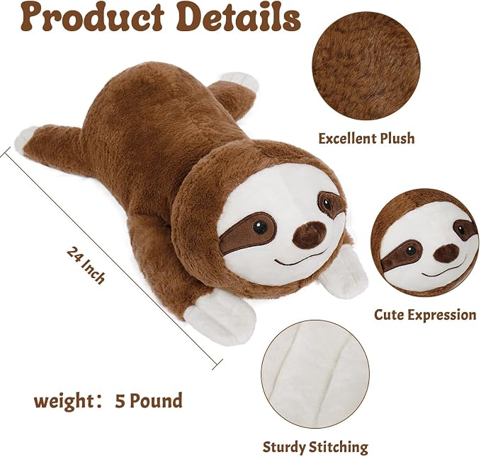 Sloth Weighted Stuffed Animals 5lbs- 24 Inch Weighted Plushies Sloth Stuffed Animals - Big Plush Pillow Cute Plush Toy Gifts for Kids & Adults