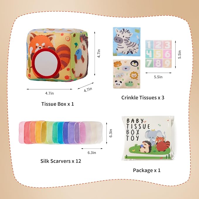 Baby Tissue Box Toy for Babies 6-12 Months - Montessori Sensory Toy | 12 Soft Scarves & 3 Crinkle Tissues | CPC Certified BPA-Free | 6-Sided Cube | Boosts Fine Motor Skills | Travel & Baby Gift