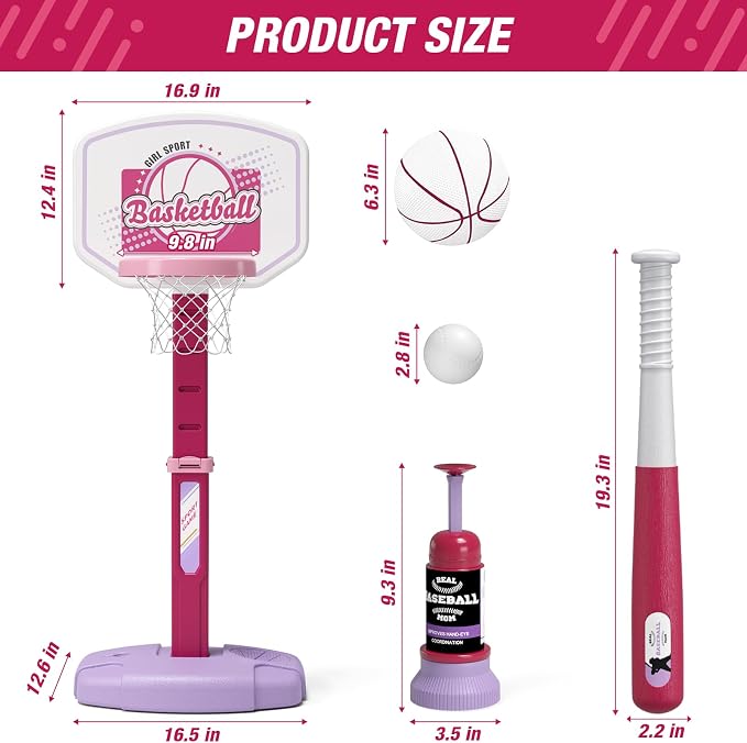 HYES 2 in 1 Kids Basketball Hoop and T Ball Set - Adjustable Height, Kids Baseball Tee with Automatic Pitching Machine, Indoor Outdoor Sport Toys Gifts for Toddler Boys Girls Age 1-5, Pink