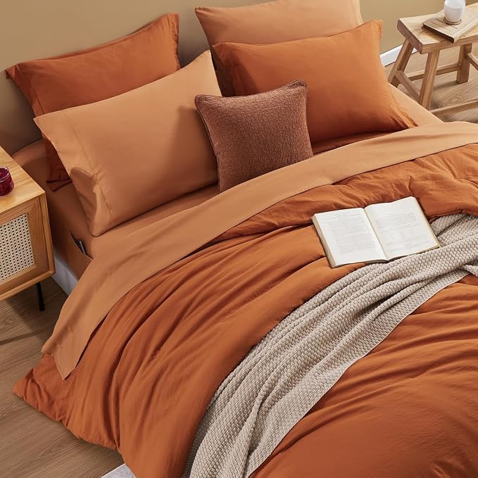 WRENSONGE King Size Comforter Sets- 7 Pieces Soft Burnt Orange Bed in a Bag King with Fitted Sheet, Flat Sheet 2 Pillow Shams, and 2 Pillowcases- Warm Bedding Set for All Season