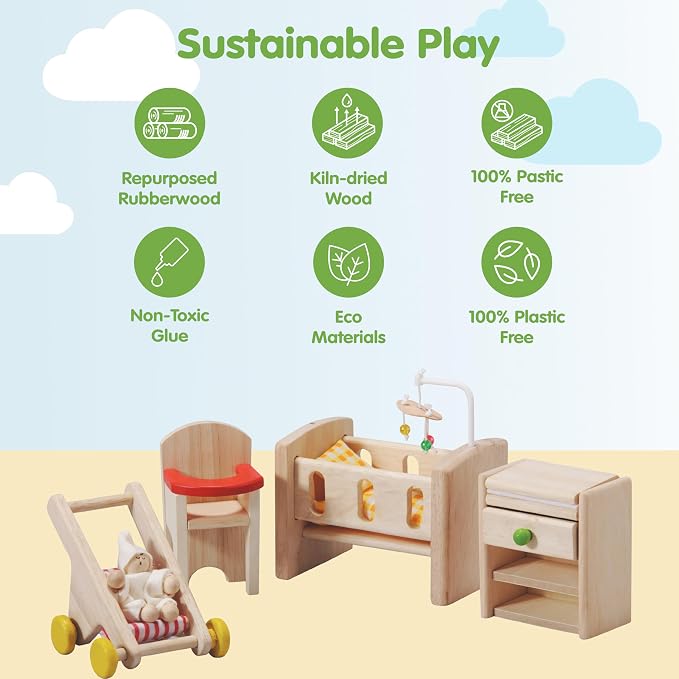 PlanToys® Wooden Nursery Dollhouse Furniture Set for Kids | Montessori Small World and Caregiving Pretend Play | Eco Friendly Wooden Dollhouse Baby Room Set for Imaginative Play
