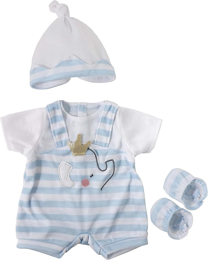 JC Toys | Berenguer Boutique | Baby Doll Outfit | Blue Stripes and White Overall Shorts | Includes Headband and Booties | Ages 2+ | Fits Dolls 14"- 16"