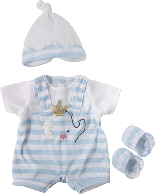 JC Toys | Berenguer Boutique | Baby Doll Outfit | Blue Stripes and White Overall Shorts | Includes Headband and Booties | Ages 2+ | Fits Dolls 14"- 16"