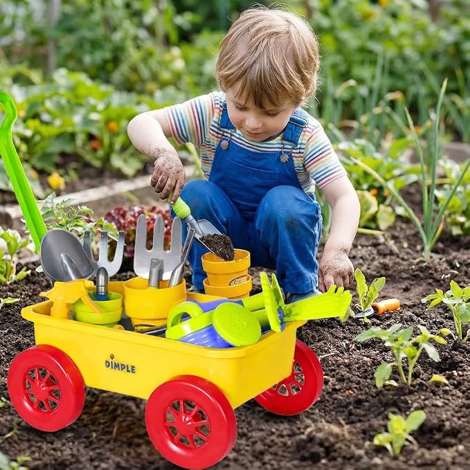 Dimple Kids Garden Wagon and Tool Set 15 Piece Toddler Gardening Playset with Plastic Garden Tools and Wagon Outdoor Play Toys for Yard Beach Sandbox Kids Gardening Kit for Boys and Girls Pretend Play