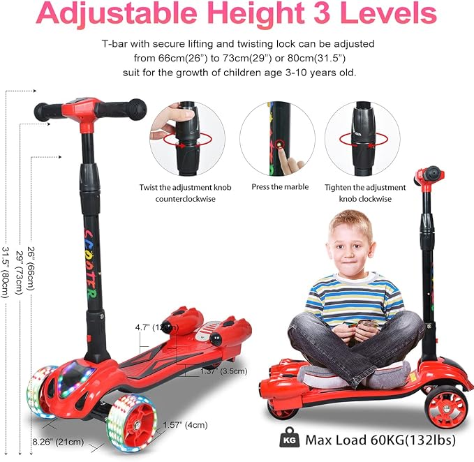 3 Wheel Scooter for Kids, Toddler Scooter with Bluetooth Music Speaker Steam Sprayer LED Lights Aluminum Alloy T-Bar, Folding Kick Scooters for Boys Girls Ages 3-10