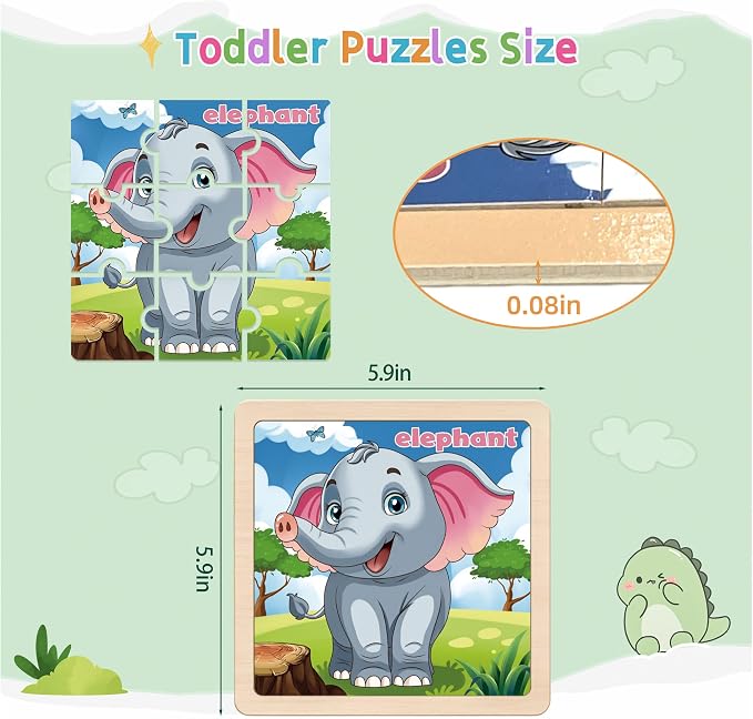 Wooden Animals Puzzles for Toddlers, 8 Pack 9 PCS Jigsaw Puzzles for Kids, Wooden Puzzles for Toddlers 3-5, Animal Puzzles for Kids 3-5, Preschool Puzzles Learning Educational Sets Toys