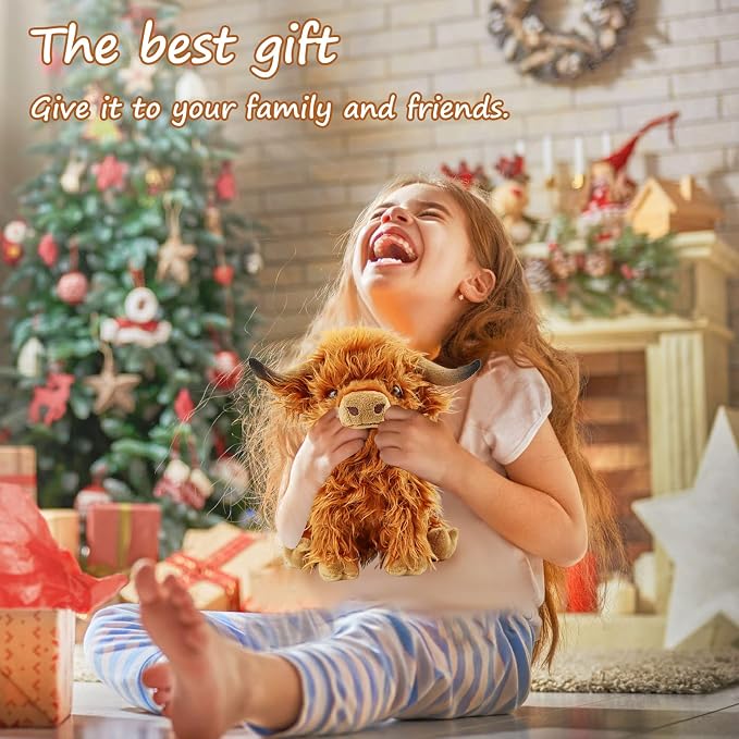 Cute Highland Cows Stuffed Animals,10.5 inches Realistic Cow Plush Toy,Highland Cattle Farm Toy Present for Adults Kids Boys Christmas Halloween Girls Birthday Plush Present
