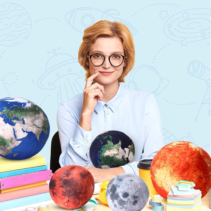 Arrowbash 5 Pcs Moon, Earth, The Sun Planet Plush Space Planet Throw Pillow Solar System Plush Balls 3D for Home Decoration