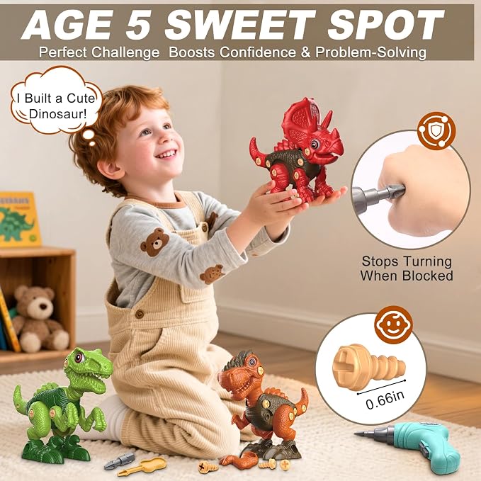 Laradola Assemble Dinosaur Toys for Kids: 3 Pack STEM Construction Building Set with Electric Toy Drill & Screwdrivers - Birthday Gift for Boys Girls Ages 3-5 5-7